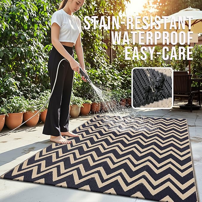 OLANLY Waterproof Outdoor Rug 5x8 ft Clearance, Reversible Outdoor Plastic Straw Rug, RV Mat, Indoor Outdoor Carpet for Patio, Camping, Balcony, Deck, Backyard, Black & Beige