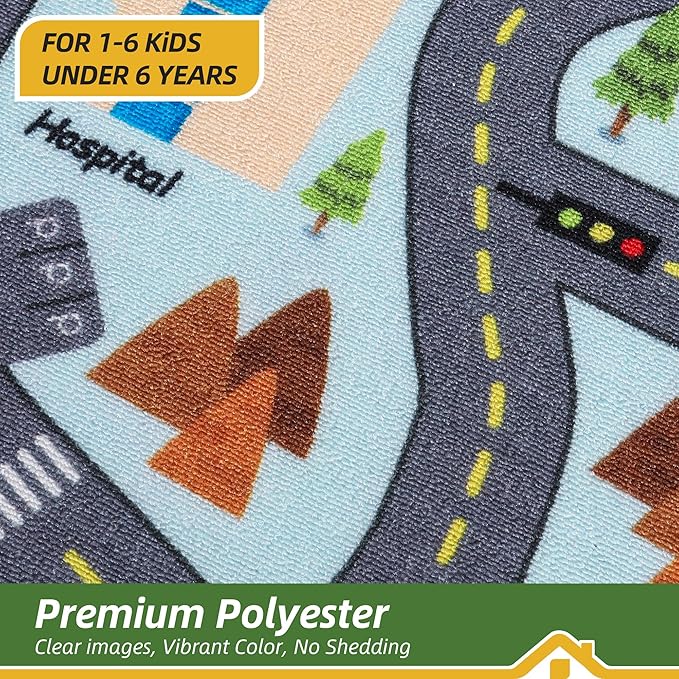 BEQHAUSE Kids Rug City Life, 32”x60” Educational Road Traffic Kids Rug, Non Slip Washable Play Mat Carpets for Children's Bedroom Playroom Nursery Room Decor