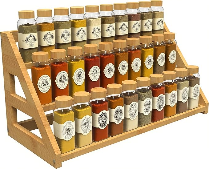 Bamboo Spice Rack: Large Spice Shelf for Kitchen Countertop Pantry Cabinet Organizer, Holds 24 Spice Jars (2.1")