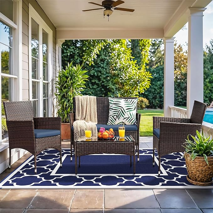 GENIMO 5' x 8' Outdoor Rug Waterproof for Patio Decor, Foldable Reversible Plastic Straw Area Rugs Mat for Camper, Outside Carpet for Rv, Deck, Porch, Picnic, Beach, Balcony, Blue & White