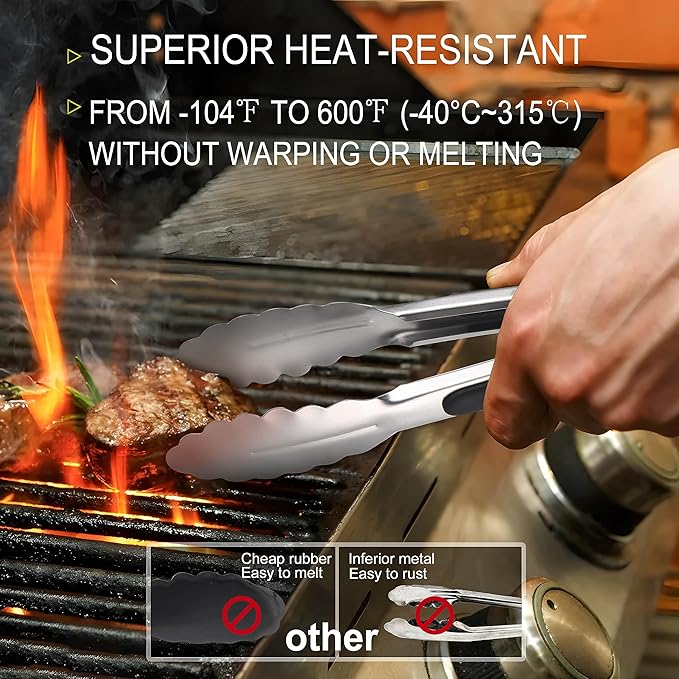 Anaeat Stainless Steel Locking Tong Set of 3 - Premium 7, 9 and 12 inch Kitchen Food Tongs with Non-Slip Silicone Tips and Grip for Serving, Cooking, Baking and BBQ - Heavy Duty & Heat Resistant