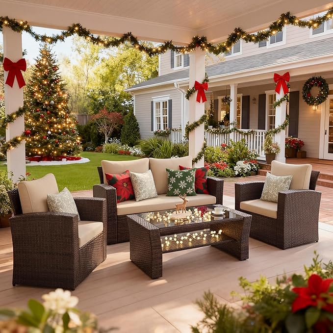 Wisteria Lane 4 Piece Patio Furniture Set, Wicker Outdoor Patio Conversation Furniture Set, All Weather Outdoor Patio Sofa with Cushion and Glass Table, Brown