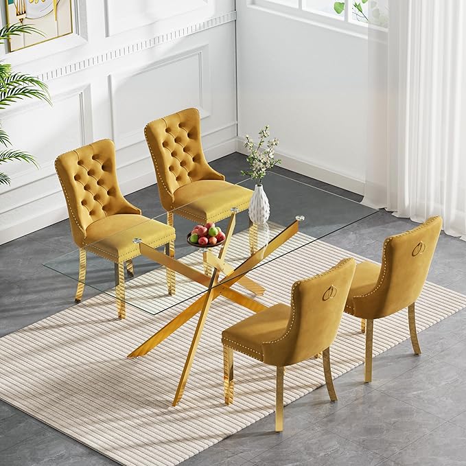 Goujxcy Glass Dining Table Set for 4, Modern Kitchen Table and Chairs Set of 4, 5-Piece Kitchen Dining Room Table Set w/61 Glass Gold Dining Table and 4 Yellow Velvet Upholstered Chairs