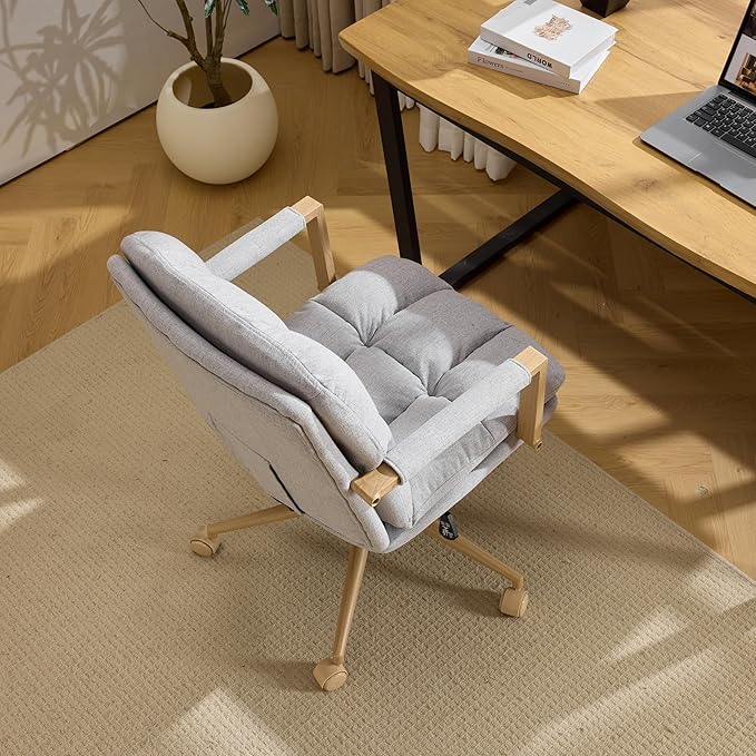 VINGLI Comfy Linen Office Desk Chair With Wheels &Detachable Cushions& Wood-like Armrests,Swivel Small Computer Task Chair,Adjustable for Girl Makeup Vanity,Teen/Kids Study,Nail Tech,Sewing,Light Grey