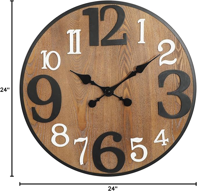 RiteSune 24 Inch Wood Wall Clock, Modern Large Numerals Battery Operated Quartz Movement, Black Metal Frame Decor Clock for Living Room Office Kitchen Bedroom, Entryway, Home, Office