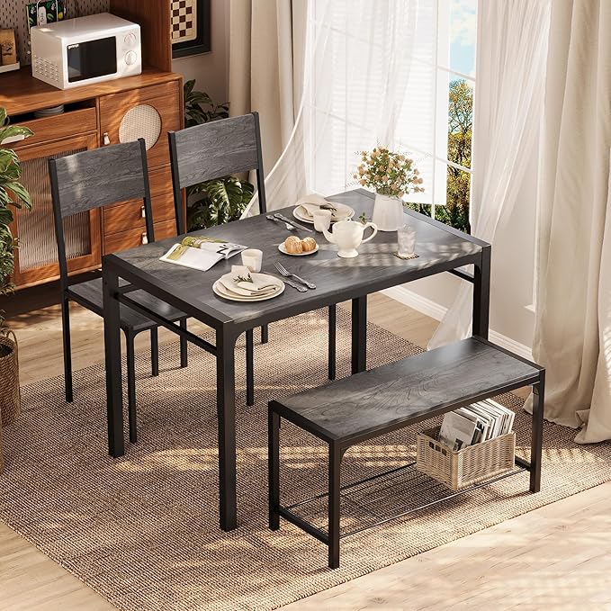 Shahoo Kitchen Table and 2 Chairs for 4 with Bench, 4 Piece Dining Sets for Small Space, Dark Grey