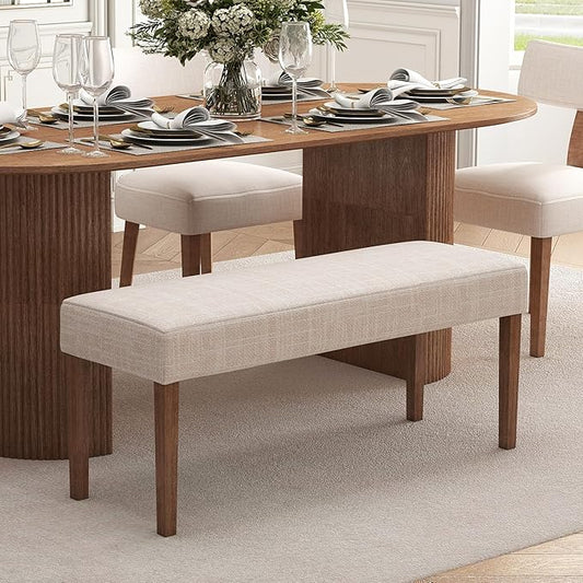 Farmhouse Upholstered Dining Bench Seat, 45" Linen Entryway Bench with Natural Wood Legs, Mid Century Modern End of Bed Bench for Kitchen Bedroom Living Room Hallway, for 2-3 Person, Beige