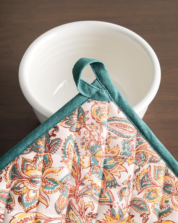 Maison d' Hermine Pot Holders 100% Cotton Heat Resistant Potholders 8" x 8" Hot Pads with Loop for Thanksgiving Christmas Decorations BBQ Cooking Baking Handling Hot Pans (Pack of 1, Nila)