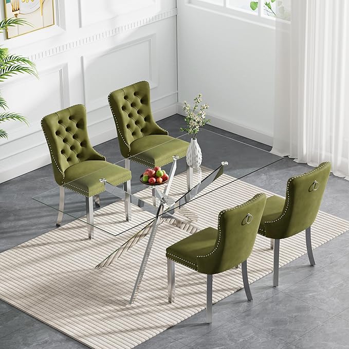 Goujxcy Glass Dining Table Set for 4, Modern Kitchen Table and Chairs Set of 4, 5-Piece Kitchen Dining Room Table Set w/61 Glass Silver Dining Table and 4 Green Velvet Upholstered Chairs