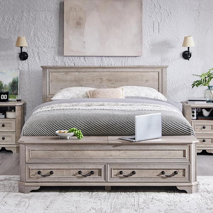 T4TREAM Farmhouse Queen Bed with Headboard and Storage Bench, Rustic Wood Platform Bed with 64" Storage Chest w/ 4 Large Drawer, Light Rustic Oak