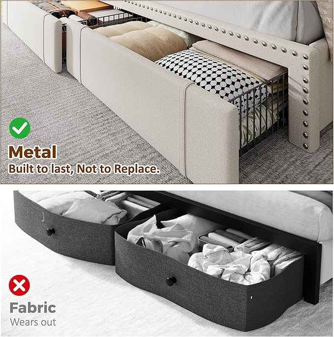 EnHomee Full Size Bed Frame, Upholstered Full Bed Frame with 3 Storage Drawers & 2-Tier Headboard Shelves, 900LBS Heavy Duty, No Box Spring Needed, Easy Assembly, Beige