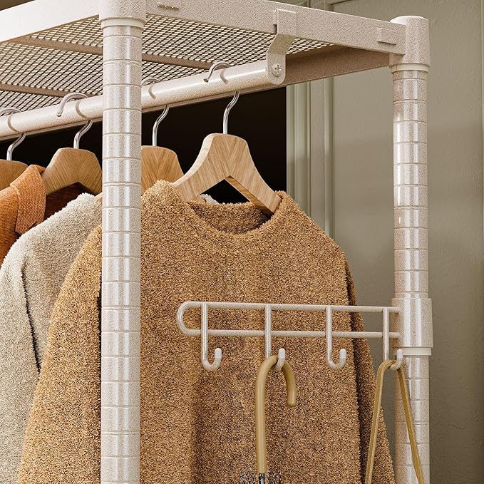 IZEUK Heavy Duty Rolling Clothing Rack with Clothes Hanging Rod, 3-Tier Adjustable Metal Wardrobe Closet Organizer with Side Hooks, Garment Rack on Wheels, 45.3" W x 17.7" D x 70.3" H, Gold