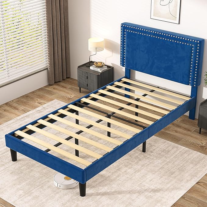 VECELO Twin Size Platform Bed Frame with Adjustable Upholstered Headboard, Modern Mattress Foundation, Strong Wood Slat Support, No Box Spring Needed, Easy Assembly