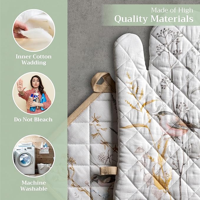 Maison d' Hermine 100% Cotton Oven Mitt & Pot Holder Set (7.5"x13" & 8"x8") Heat Resistant BBQ Cooking Gloves with Loop, Grilling, Kitchen, Handling Hot Pans Spring/Summer (Meadow Florals - Beige)