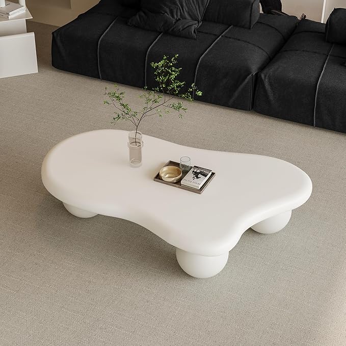 47 Inch Cloud Shaped Coffee Table with 3 Ball Legs for Living Room Cream White