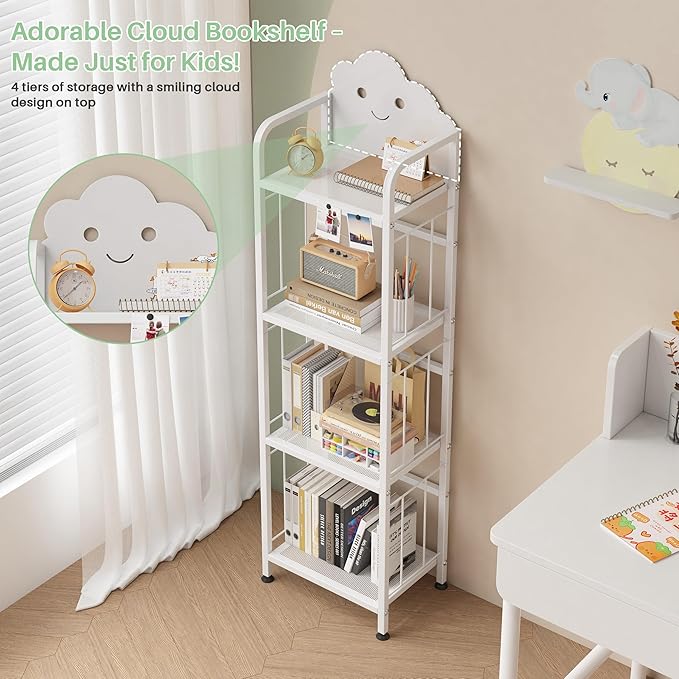 UMDONX 4-Tier Cloud Kids Bookshelf, Cute Nursery Bookcase & Toy Storage Organizer for Toddlers, Bedroom & Playroom, White