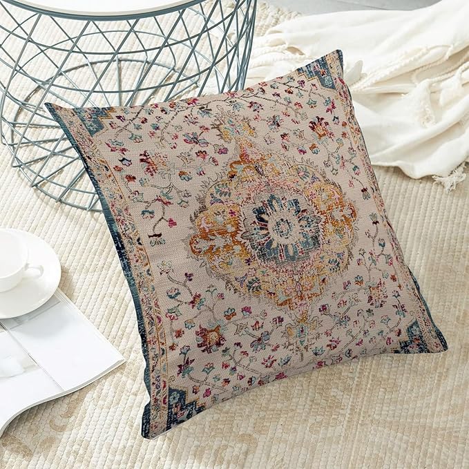BETGINY Blue Orange Boho Throw Pillow Covers 20 x 20 Inch Pack of 2, Vintage Bohemian Carpet Pattern Decorative Pillow Cases Outdoor Ethnic Design Farmhouse Cushion Case for Home Sofa Decor