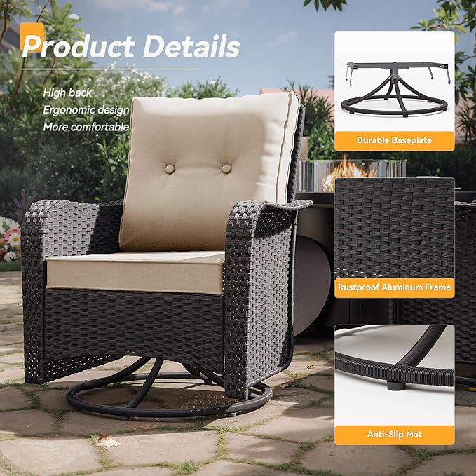 Kurapika 5 Pieces Patio Furniture Set, Rattan Wicker Outdoor Conversation Sets, 4 Woven Rattan Swivel Chairs w/48in Propane Fire Pit Table and Thickened Cushions, Sand