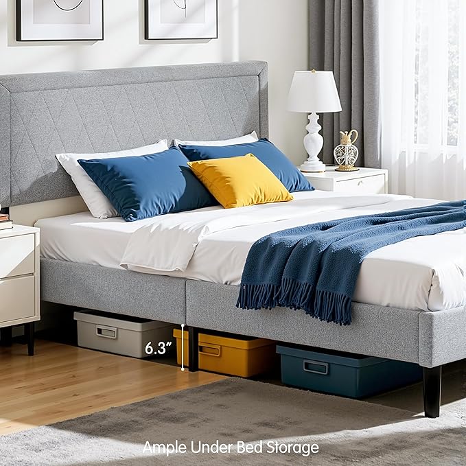 Hokway Bed Frame Upholstered Platform Bed with Headboard Wooden Slat Support No Box Spring Needed(King, Light Gray)
