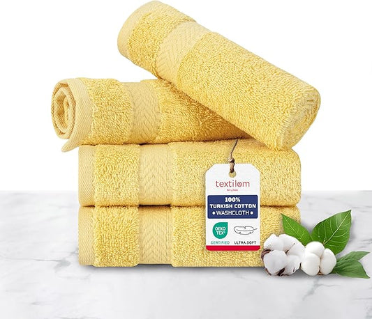 TEXTILOM 100% Turkish Cotton 4 Piece Luxury Washcloth Towel Set for Bathroom, Super Soft & Highly Absorbent & Quick Dry for Face and Hand- Yellow