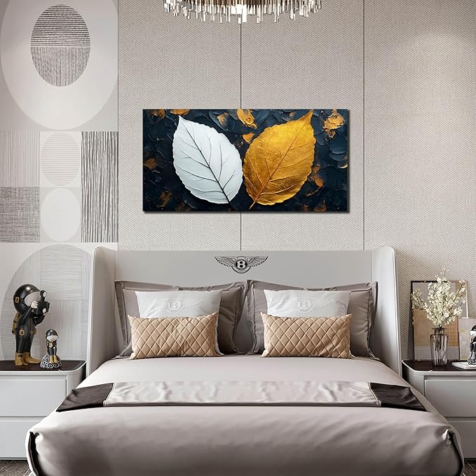 CANEITO Leaves Wall Art for Living Room, Black White and Gold Wall-Decor for Bedroom, Waterproof Canvas Print, Size 40x20 Inches