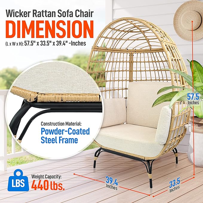SereneLife Jovial Wicker Rattan Egg Chair,Indoor Outdoor White Sofa Chair for Patio Backyard and Living Room with 4 Cushions and Powder Coated Steel Frame,Woven Texture Contemporary Ribbed Back Design