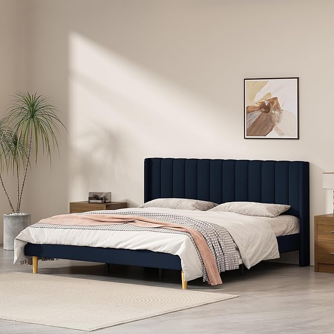 King Size Upholstered Platform Bed Frame with Modern Wingback & Vertical Panel Headboard, Linen Fabric, Wooden Legs & Slats Support, No Box Spring Needed, Noise-Free & Easy Assembly, Dark Blue