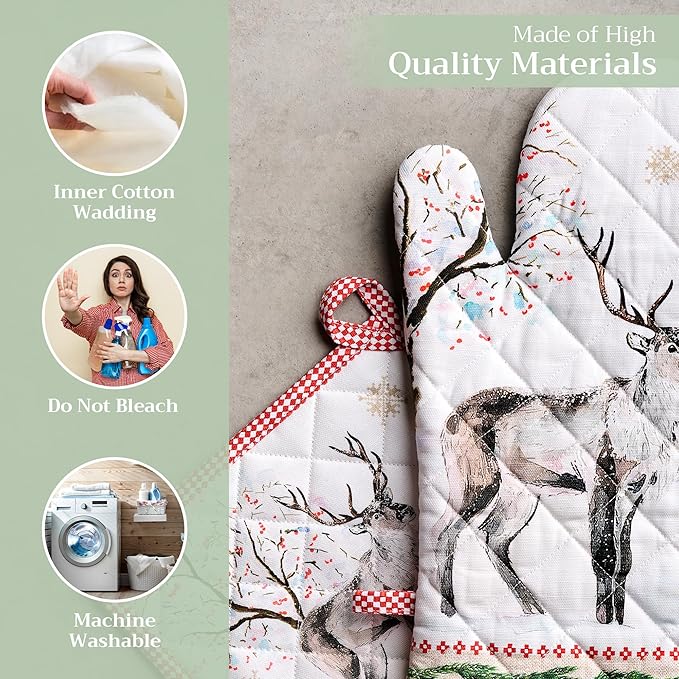 Maison d' Hermine 100% Cotton Oven Mitt & Pot Holder Set (7.5"x13" & 8"x8") Heat Resistant BBQ Cooking Gloves with Loop for Thanksgiving Christmas Decorations Handling Hot Pans (Rural Christmas)