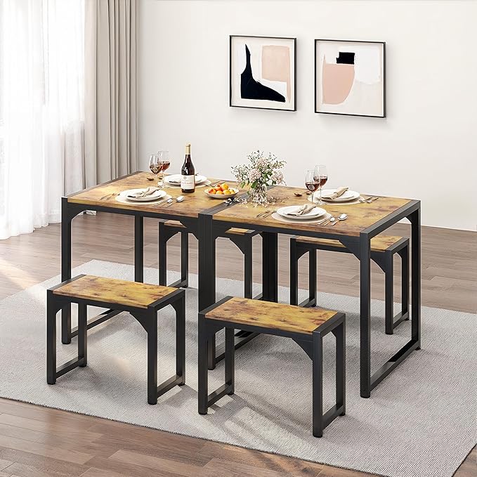 Gizoon Dining Table Set for 2, Kitchen Table Set for 2 with Steel Frame, Kitchen Table with 2 Benches for Small Space, Space Saving Design for Restaurant, Living Room, Retro