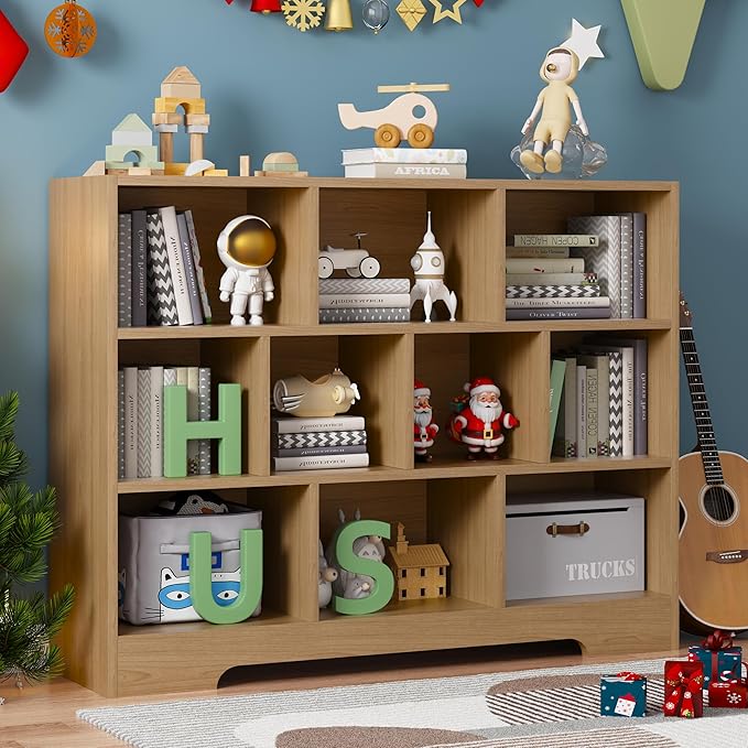 Kids Book Shelf Set of 2, 10 Cubes Storage Organizer Montessori Bookshelf, 3-Tier Wooden Kids Bookcase, Toy Storage Organizer for Children, Wooden Toddler Bookshelf Cube Shelf for Kid’s Room