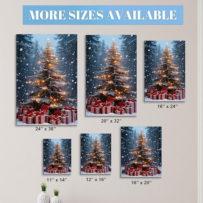 Framed Christmas Pictures Wall Decor,Vintage Pine Tree Prints,Winter Christmas Canvas Wall Art Decoration for Bedroom Bathroom Living Room Rustic Xmas Holiday Gifts (Christmas Tree 14, 12'' X 16'')