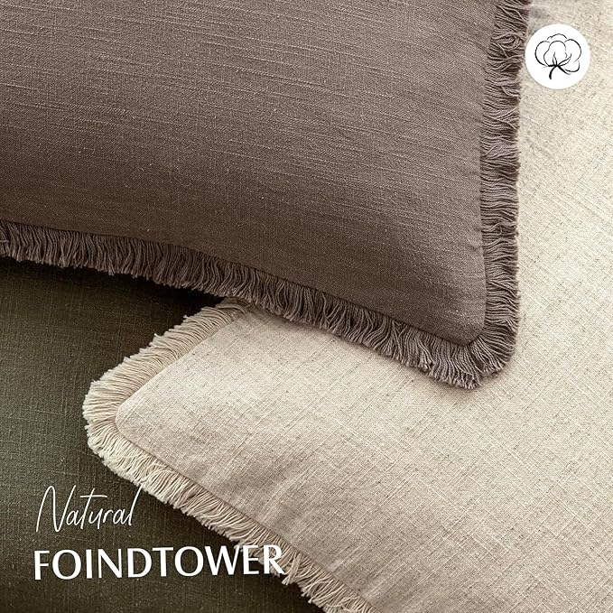 Foindtower Set of 2 Decorative Linen Fringe Throw Pillow Covers Cozy Farmhouse Cushion Cover with Tassels Accent Pillowcase for Couch Chair Sofa Bed Living Room Home Decor,24×24 Inch,Light Coffee