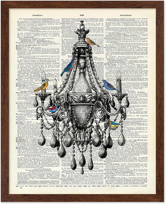 Poster Master Dictionary Art Poster - Antique Chandelier Print - Bird Art - Baroque Art - Gift for Men & Women - Chic Decor for Living Room, Dining Room, Bedroom or Kitchen, 16x20 Brown Framed