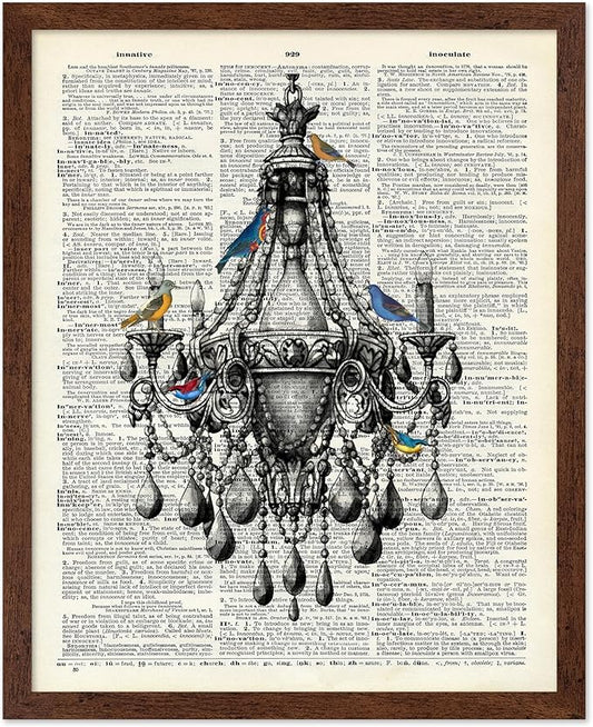 Poster Master Dictionary Art Poster - Antique Chandelier Print - Bird Art - Baroque Art - Gift for Men & Women - Chic Decor for Living Room, Dining Room, Bedroom or Kitchen, 16x20 Brown Framed