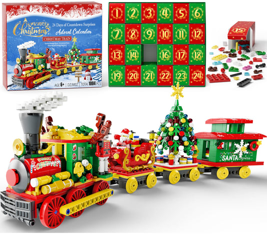 Advent Calendar 2025 for Kids Boys Girls, 24 Days Surprise Christmas Train Building Blocks Christmas Countdown Calendar Gift Box with 1004 PCS Xmas Building Bricks Toy Decor for Teens Adults Women Men