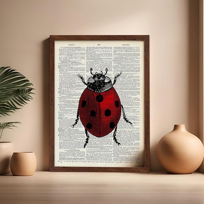 Poster Master Dictionary Art Poster - Retro Ladybug Print - Insect Art - Red Bug Art - Gift for Men, Women & Animal Lover - Minimal Decor for Living Room & Kid's Room, 16x20 Brown Framed