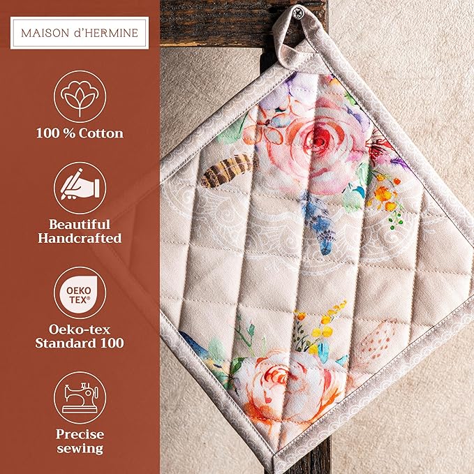Maison d' Hermine Pot Holders Set 100% Cotton Heat Resistant Potholders 8" x 8" Hot Pads with Loop BBQ, Cooking, Baking, Grilling, Kitchen, Handling Hot Pans Spring/Summer (Pack of 2, Ibiza - Beige)