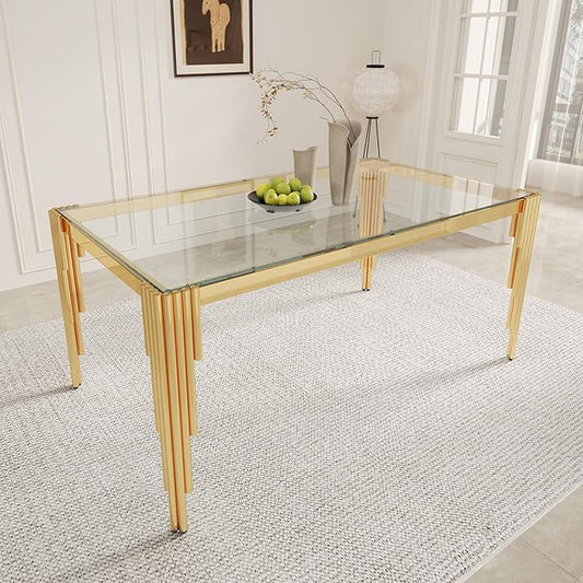 63" Rectangle Glass Dining Table, Modern Tempered Glass Kitchen Table with Stainless Steel Legs for Home Office Kitchen, Living Room, Stylish Tubular-Shaped Legs, Gold+Clear
