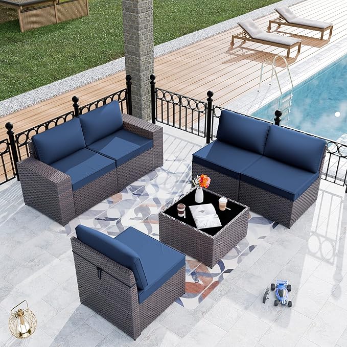 Kurapika 6 Pieces Patio Furniture Set, Rattan Outdoor Conversation Sets w/4 Inch Cushion and Glass Coffee Table(Navy Blue)