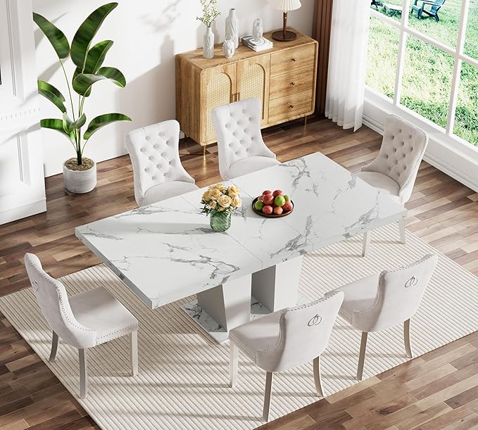 7-Piece Extendable Dining Table Set for 6-8 People 63-78 Inch Kitchen Table Set with 6 Beige Upholstered Chairs Modern White Faux Marble Rectangular Dining Room Table Set for Kitchen Apartment