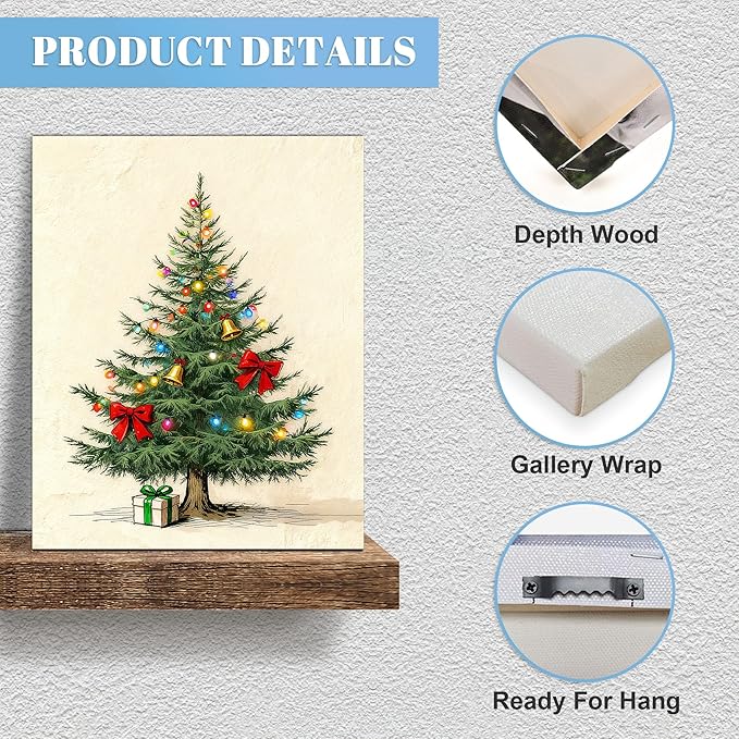 Framed Christmas Pictures Wall Decor,Vintage Pine Tree Prints,Winter Christmas Canvas Wall Art Decoration for Bedroom Bathroom Living Room Rustic Xmas Holiday Gifts (Christmas Tree 9, 16'' X 24'')