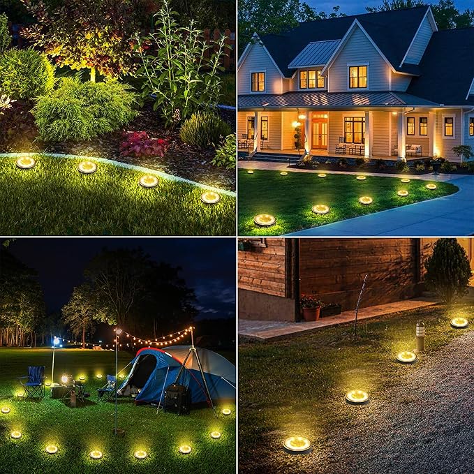 Joomer Solar Ground Lights, 16 Pack 8 LED Solar Lights Outdoor IP68 Waterproof Disc Light In-Ground Landscape Lighting Outdoor for Patio Pathway Lawn Yard Driveway Walkway (Warm White)