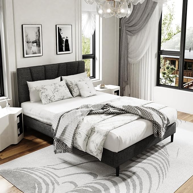 King Size Platform Bed Frame with Modern Upholstered Headboard, Wooden Slats Support, Noise Free, No Box Spring Needed, Easy Assembly, Dark Grey, Linen
