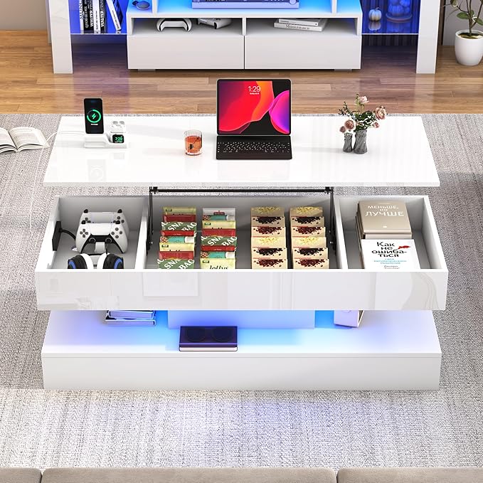 47.2" Large Lift Top Coffee Table,Modern High Glossy LED Coffee Tables for Living Room with Storage Drawer,White Living Room Tables for Livingroom,Dining Room,Bedroom Home Office(White)