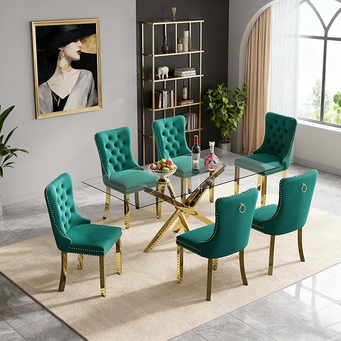 Goujxcy 51" Glass Dining Table Set for 6, Modern Kitchen Table and Chairs Set w/Steel Legs, 7-Piece Dining Table Set w/Glass Gold Dining Table and 6 Green Velvet Chairs for Kitchen Dining Room