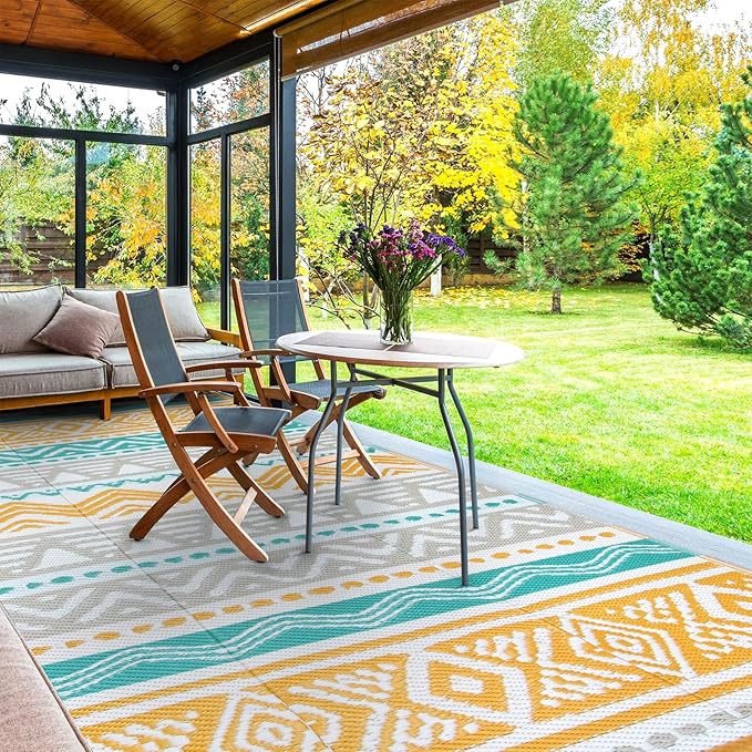 Lahome Waterproof Outdoor Rug 6x9, Reversible Outdoor Plastic Straw Rug for Camping, Large RV Outdoor Patio Rug, Outdoor Rugs Carpet for Porch Deck Backyard Balcony Picnic(Blue/Yellow,6'x 9')