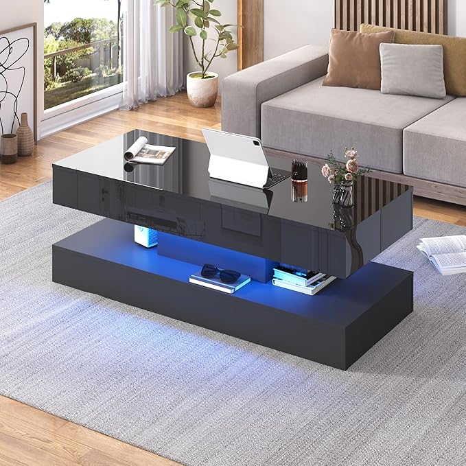47.2" Large Lift Top Coffee Table,Modern High Glossy LED Coffee Tables for Living Room with Storage,Black Living Room Tables for Living Rooms,Dining Room,Bedroom Home Office,APP LED Lights（Black）