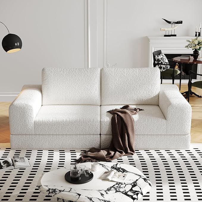 Cloud Modular Sectional Sofa, DIY Combination Modular Couch for Living Room, Unique Knitted Fabric Love Seat Couches with 2 Pillows, 2 Seater Comfy Sectional Couch with No Assembly (Beige)