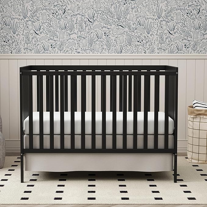 Baby Crib 5-in-1 Convertible, Wooden Nursery Cribs Converts to Toddler Bed, Daybed and Full Size Bed, 3 Adjustable Base, Non-Toxic Finish (Black)