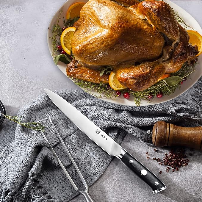 PAUDIN Carving Knife Set - 8" German Steel Turkey Carving Knife and Fork Set With Ergonomic Handle, Full Tang For Meat, Brisket